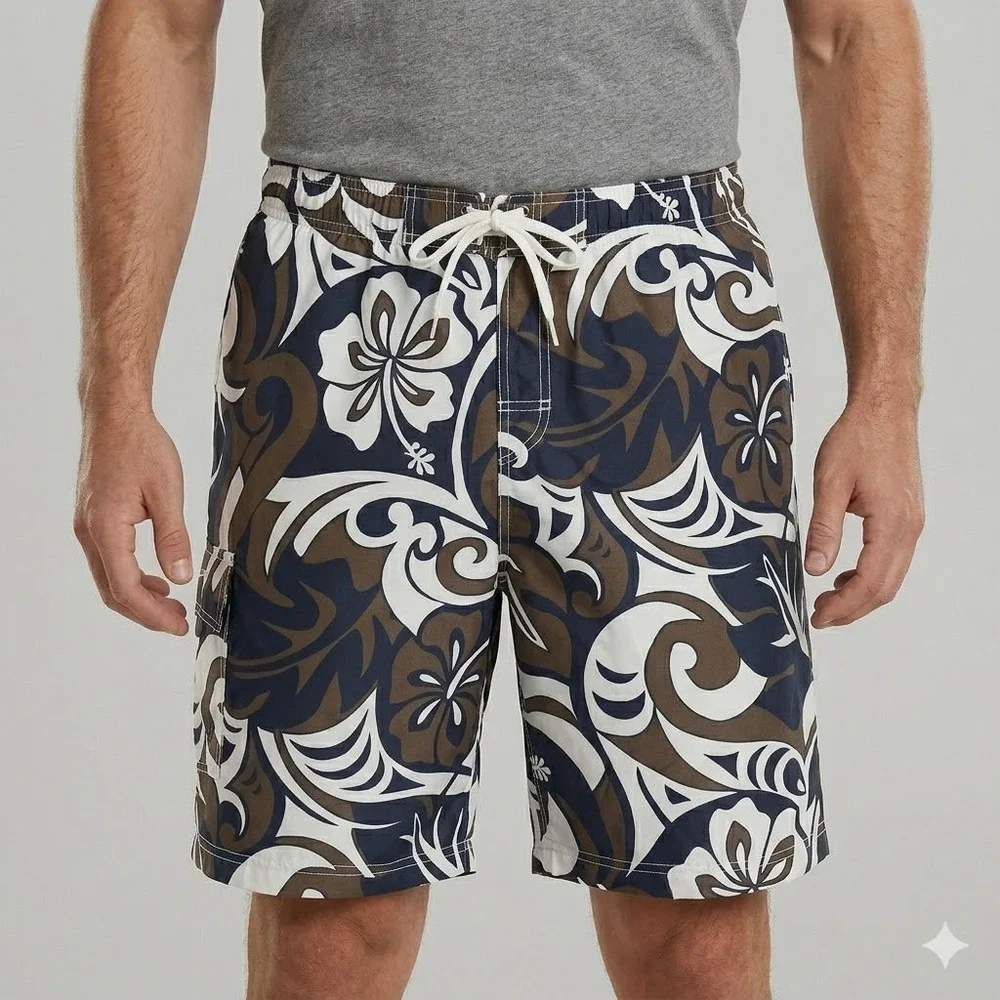 Speedo Swim Trunks Hibiscus Floral Board Shorts Cargo‎ Pocket Size L Brown Blue